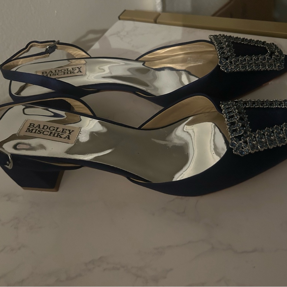Badgley Mischka Navy Embellished Slingback Heels - Picture 5 of 11